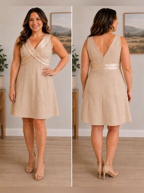 Evan Picone Women’s 12P Beige Jacquard Cocktail Dress Satin Criss Cross Bodice